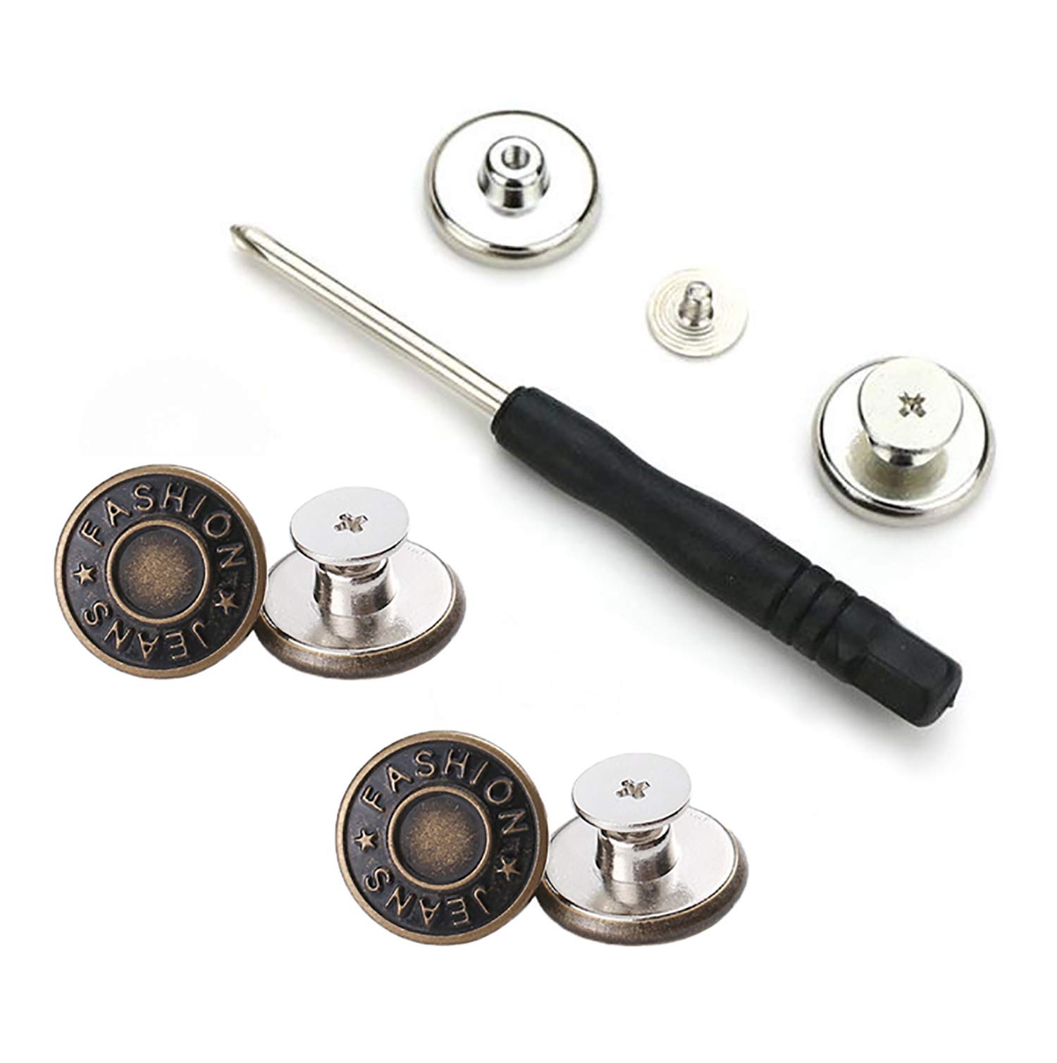 GIYOMI 20mm No Sewing Jeans Buttons Replacement Kit with Metal Base,12 Sets Nailess Removable Metal Buttons Replacement Repair Combo Thread Rivets and Screwdrivers (0.79 inch)