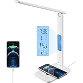 poukaran LED Desk Lamp with Wireless Charger, USB Charging Port, Office Table Lamp with Clock, Alarm, Date, Temperature for Home Office, White
