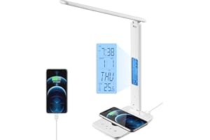 poukaran LED Desk Lamp with Wireless Charger, USB Charging Port, Office Table Lamp with Clock, Alarm, Date, Temperature for Home Office, White