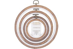 LAMXD 4 Pieces Embroidery Hoop Ring Plastic Cross Stitch Hoops Set Imitated Wood Display Frame Circle and Oval Embroidery Kits for Art Craft Sewing and Hanging,With 16pcs Gold Eye Sewing Needles