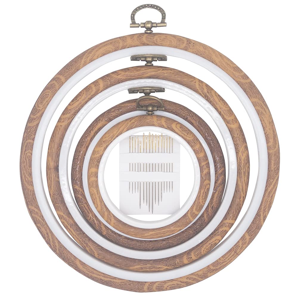4 Sizes Imitated Wood Display Round Embroidery Hoop Set Plastic Circle Cross Stitch Hoop Rings for DIY Craft Sewing,Including 16pcs Gold Eye Sewing Needles