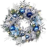 Teresa's Collections Pre-Lit 24 Inch Winter Land Silver and Blue Christmas Wreath with Ball Ornaments,Snowflakes,Pine Cones,Ribbons and Flowers,Battery Operated 20 LED Lights