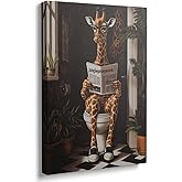 Funny Whimsical Giraffe Sitting on Toilet Reading Newspaper Retro Bathroom Canvas Wall Art Framed Humorous Painting Prints Artwork for Nursery Wall Decor Unique Gift for Animal Lover 12x16 Inches