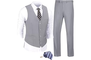 JPF Men's 2 Piece Slim Fit Suit Set, Solid Vest and Pants Suit for Men with Tie