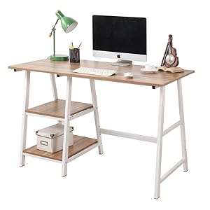 Soges Computer Desk Trestle Desk Writing Home Office Desk Hutch Workstation with Shelf, Oak 47 inches CS-Tplus-120OK
