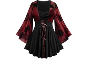 ROSE GAL Women Plus Size Romantic Gothic Lace-up Mesh Bell Sleeves Tee Renaissance Top Gothic Top