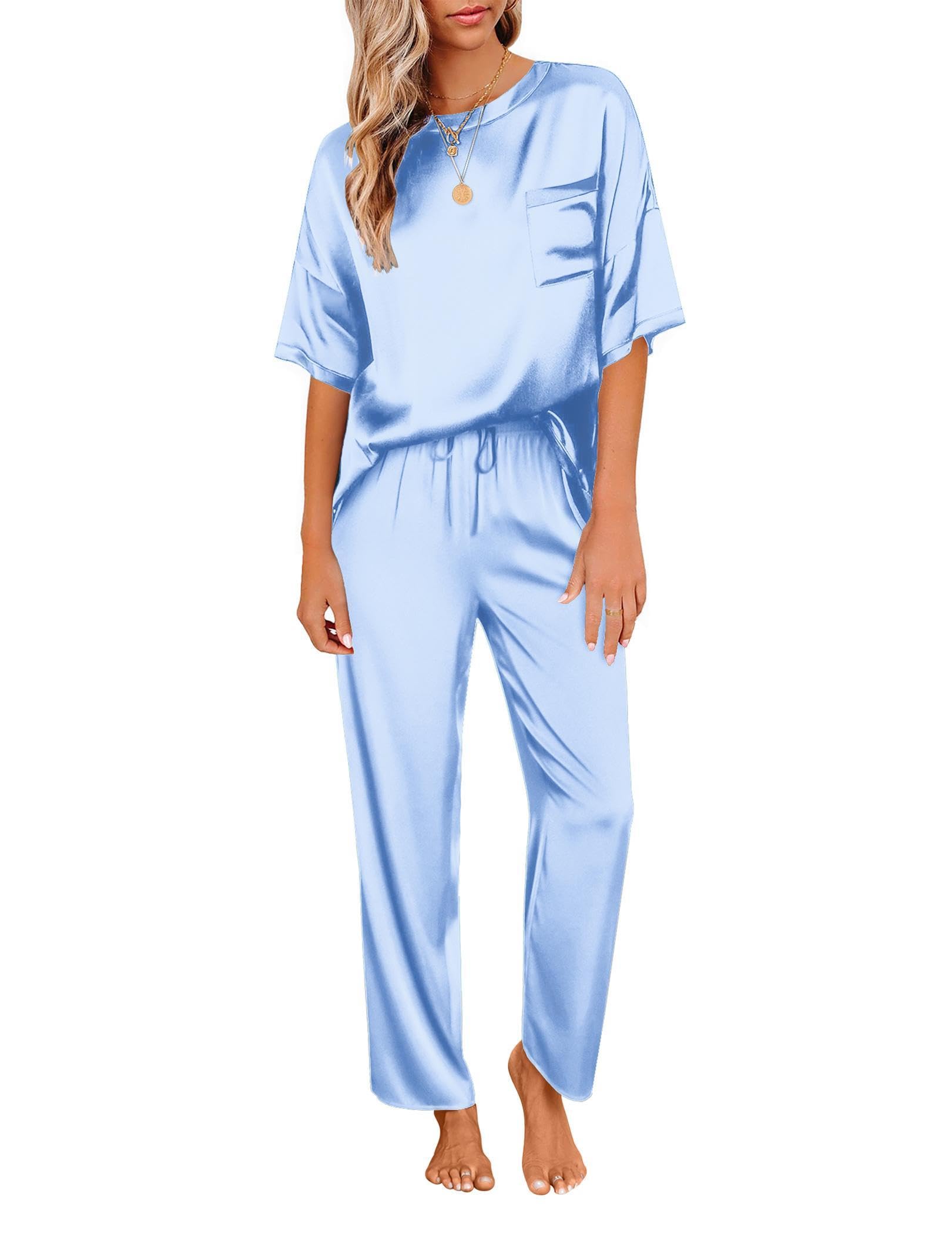 Photo 1 of Ekouaer Womens Satin Silky Pajama Set Short Sleeve Shirt with Long Pajama Pant Set Soft PJ Loungewear Clear Blue