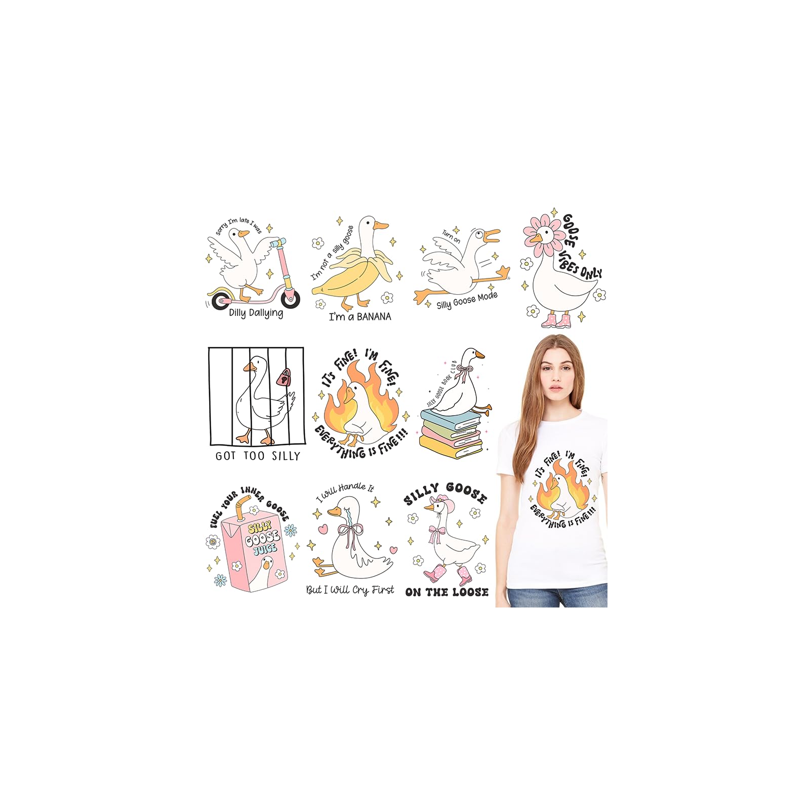 Photo 1 of 10 Sheets Silly Goose Iron on Transfers, DTF Transfers Ready to Press, Silly Goose Patches for T-Shirts, Canvas Bag, Pillow, Hoodie DIY Crafts