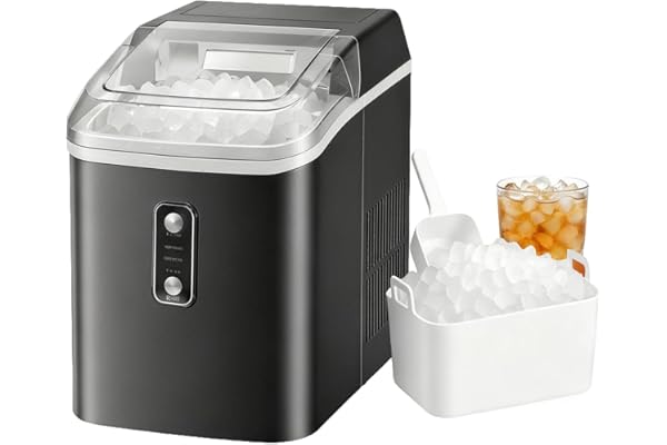 NEWBULIG Nugget Ice Makers Countertop, Portable Nugget Ice Machine, Ready in 6 Mins, 24lbs in 24Hrs, Auto-Cleaning, with Basket and Scoop, for Home, Kitchen, RV, Camping, Black
