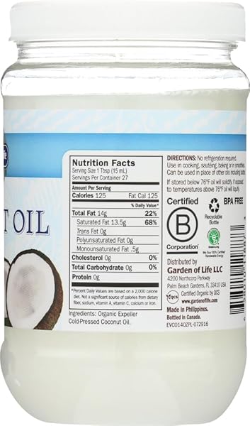 GARDEN OF LIFE, ORGANIC COCONUT OIL,RAW EXTRA VIRGIN, PACK OF 6, SIZE 14 FZ – NO ARTIFICIAL INGREDIENTS GLUTEN FREE VEGAN 95%+ ORGANIC6