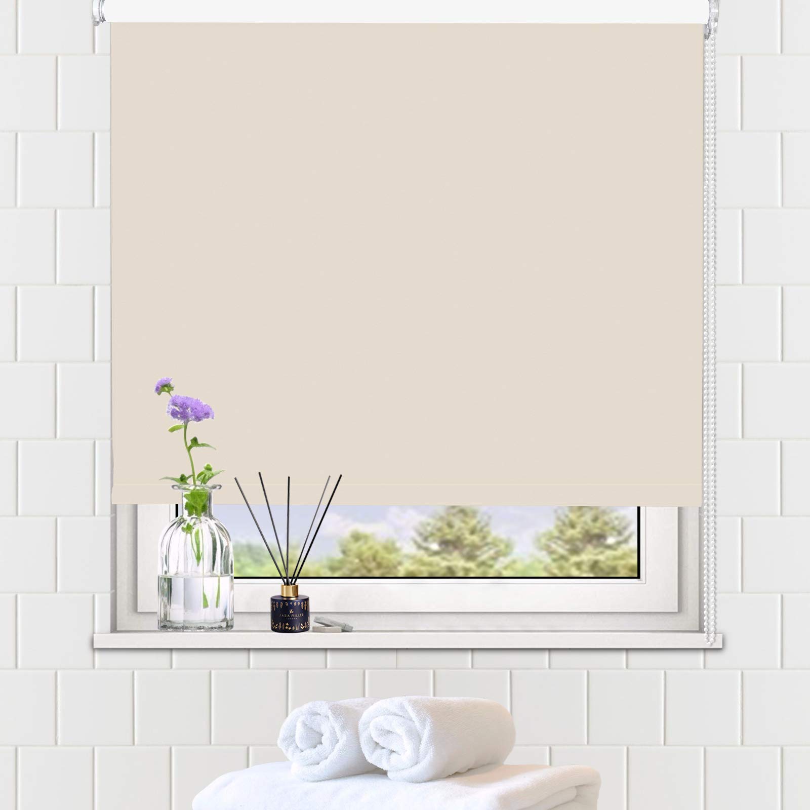 LUCKUP 100% Blackout Waterproof Fabric Window Roller Shades Blind, Thermal Insulated,UV Protection,for Bedrooms,Living Room,Bathroom,The Office, Easy to Install 102 x 183 cm(Cream)