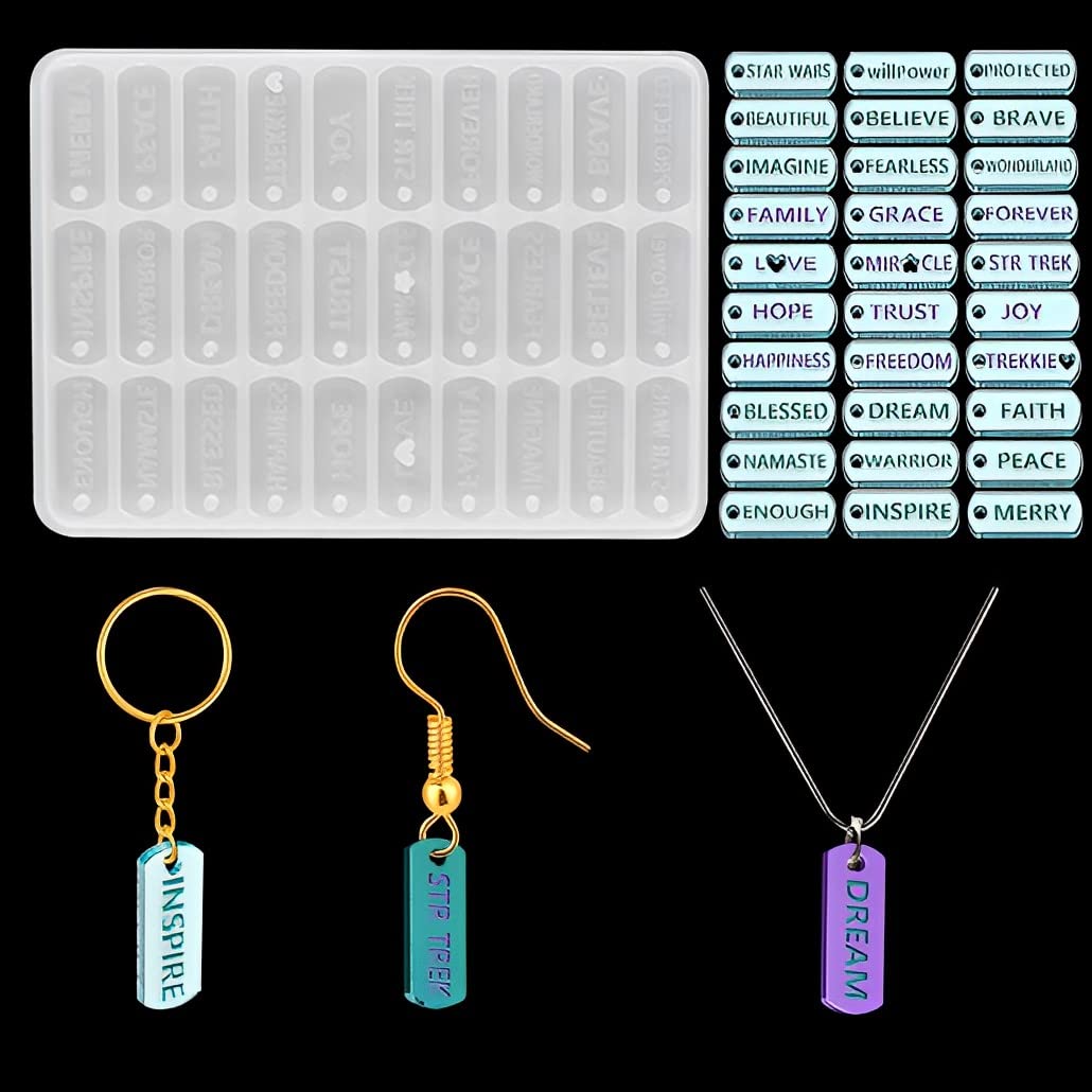 FineInno Words Resin Mould, Motivational Charms Pendants Silicone Moulds for Resin, Inspirational Letter Mould for Epoxy Resin, DIY Necklaces, Bracelets