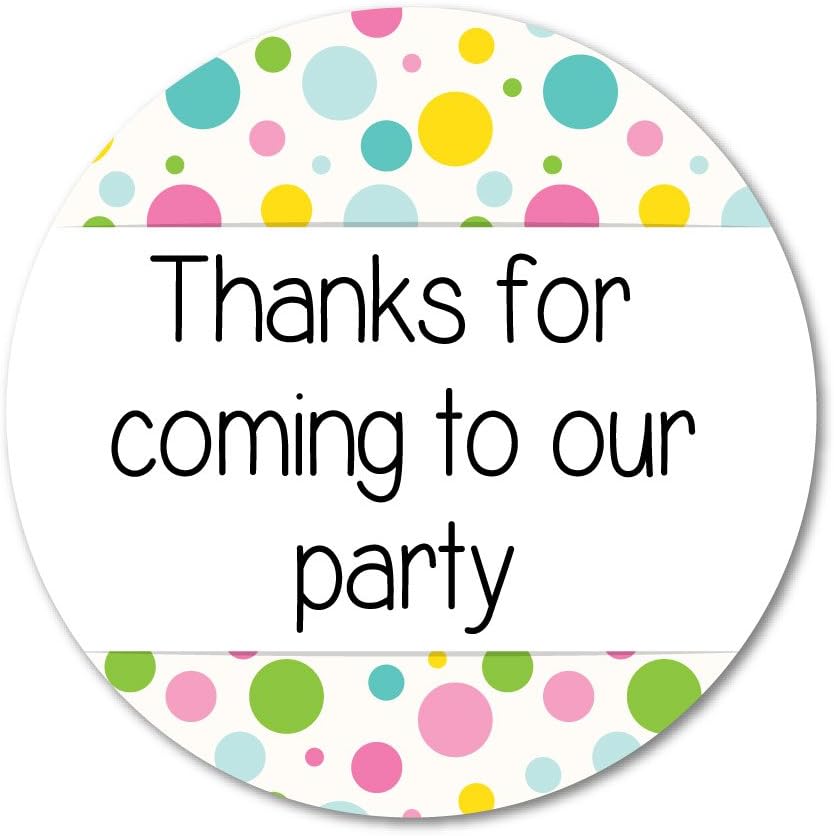 'Thanks for coming to our party' - multi colour dots - 60mm diameter - great for party bags (24)