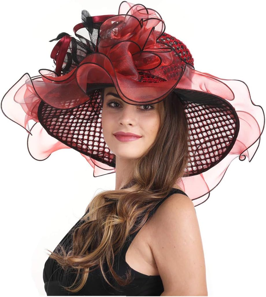 SAFERIN Women's Organza Church Kentucky Derby Hat Feather Veil Fascinator Bridal Tea Party Wedding Hat