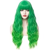 PATTNIUM Green Wig Long Curly Wig with Bangs Lime Green Wigs for Women Girls Synthetic Heat Resistant Halloween Cosplay Wigs