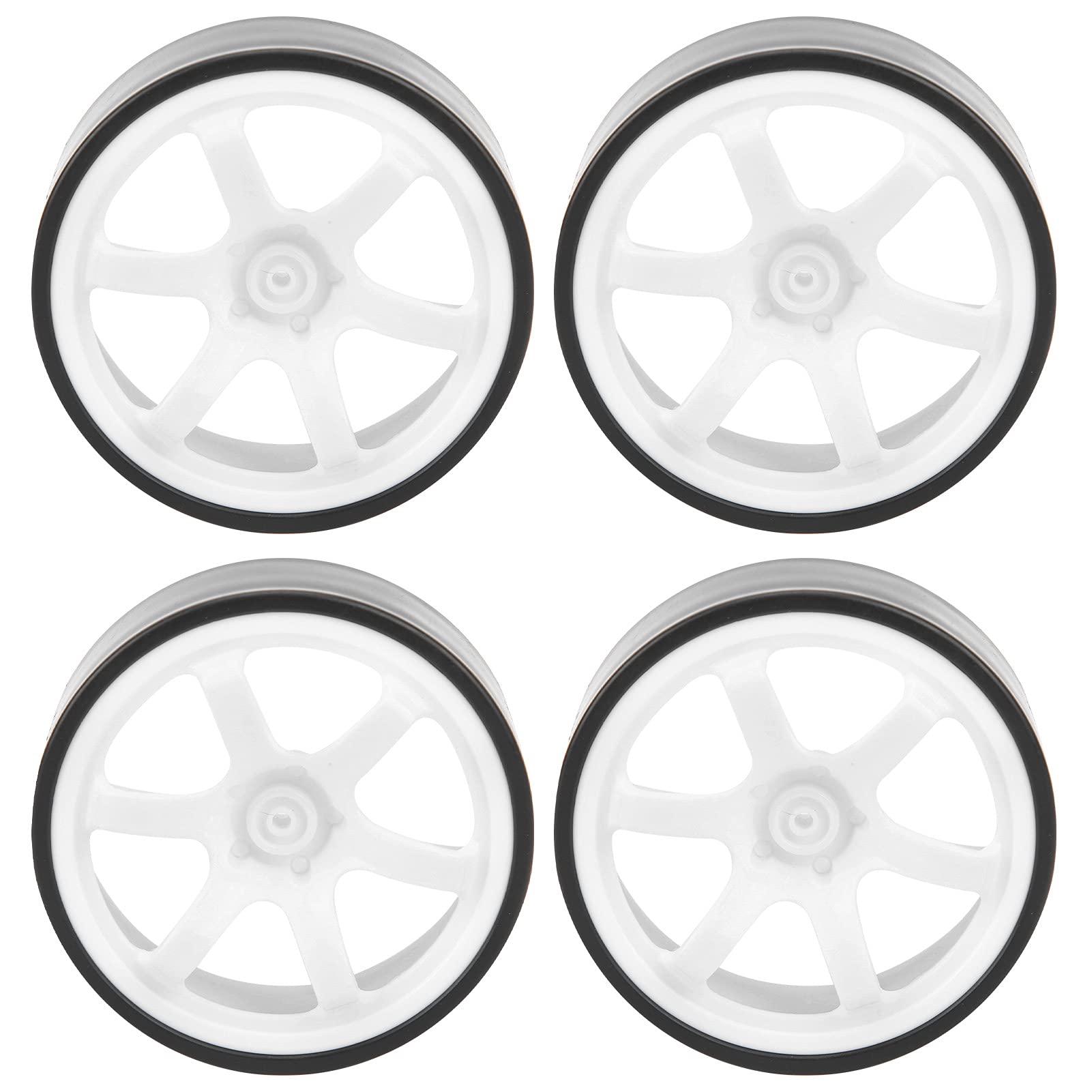 RC Car Drift Tires, 4PCS 6 Spoke Plastic Wheel Rims with Rubber Tires RC Car Drift Tires Fit for 1/10 RC Drift Car On‑Road Drifting Car(white)