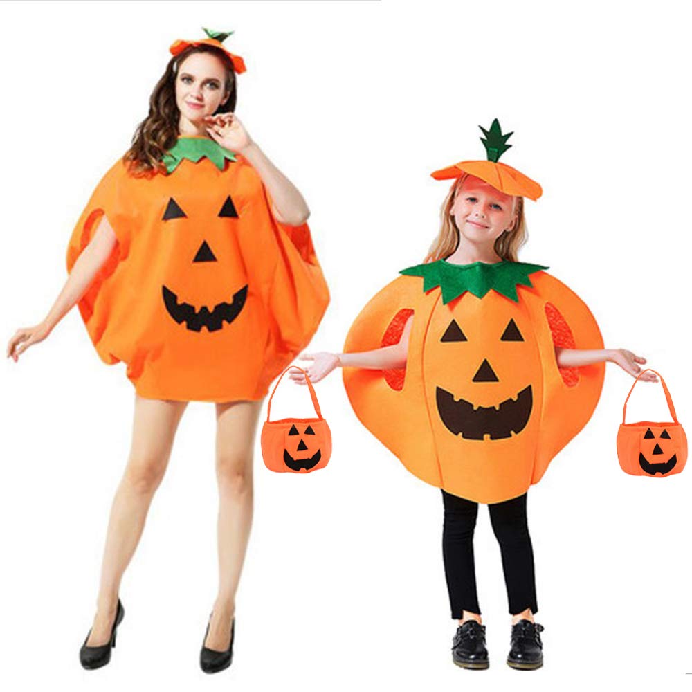 Halloween Pumpkin Costume Adult Women, Halloween Costumes for Kids, Funny Kids Halloween Costumes, Pumpkin Outfit with Candy Bag Hat for Cosplay Party
