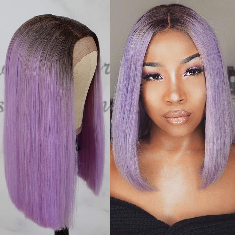 Oxeely Ombre Short Bob Wig Purple Color Medium Length Deep Part Heat Resistant Synthetic Lace Front Wigs for Women