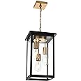 TODOLUZ Outdoor Pendant Light Fixtures, 3-Lights Exterior Hanging Lantern, Black Large Outdoor Hanging Porch Light with Clear Glass Shade