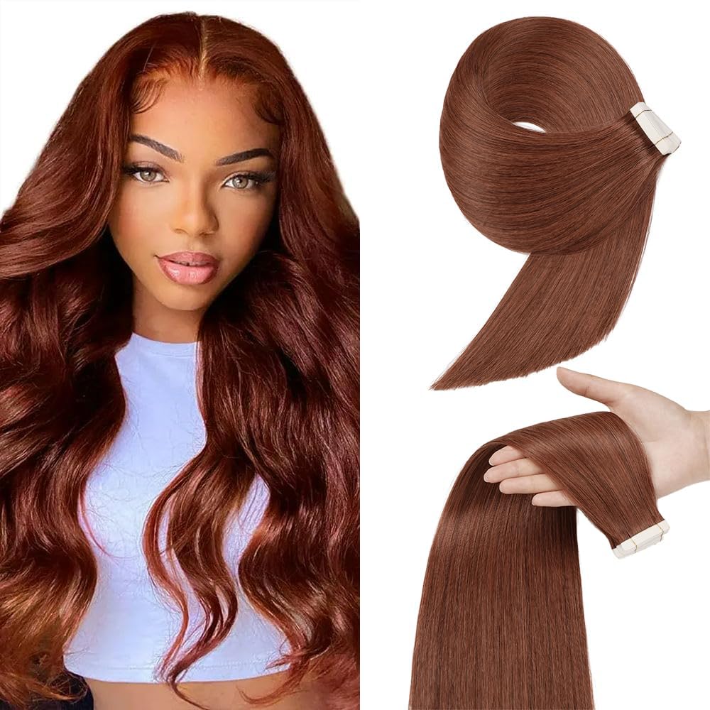 Photo 1 of #33 Brown Tape in Extensions Human Hair 24 Inch Reddish Brown Straight Tape in Seamless Extensions Real Human Hair Skin Weft Seamless Invisible Unprocessed Virgin Remy Hair 50g 20 Pcs