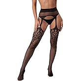 Verdusa Women's Fishnet Stockings Tights High Waist Lace Suspender Pantyhose