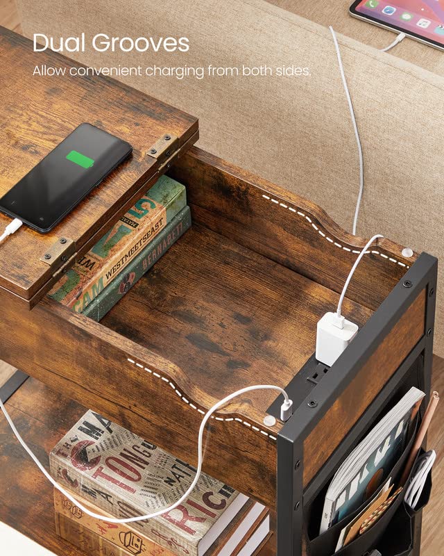 VASAGLE Side Table with Storage, End Table with USB Ports and Outlets, Nightstand with Charging Station, Fabric Bags, for Living Room, Bedroom, Rustic Brown and Black ULET310B01V1