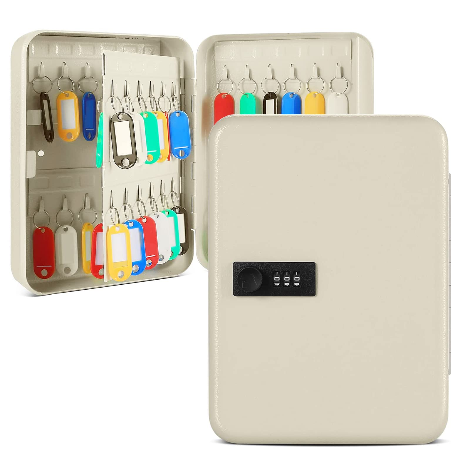 Qulable Combination Key Safe - Wall Mounted 48-Key Steel Cabinet - Lock Box Outdoor With Code & 50 Tags - Large Keysafe (White)