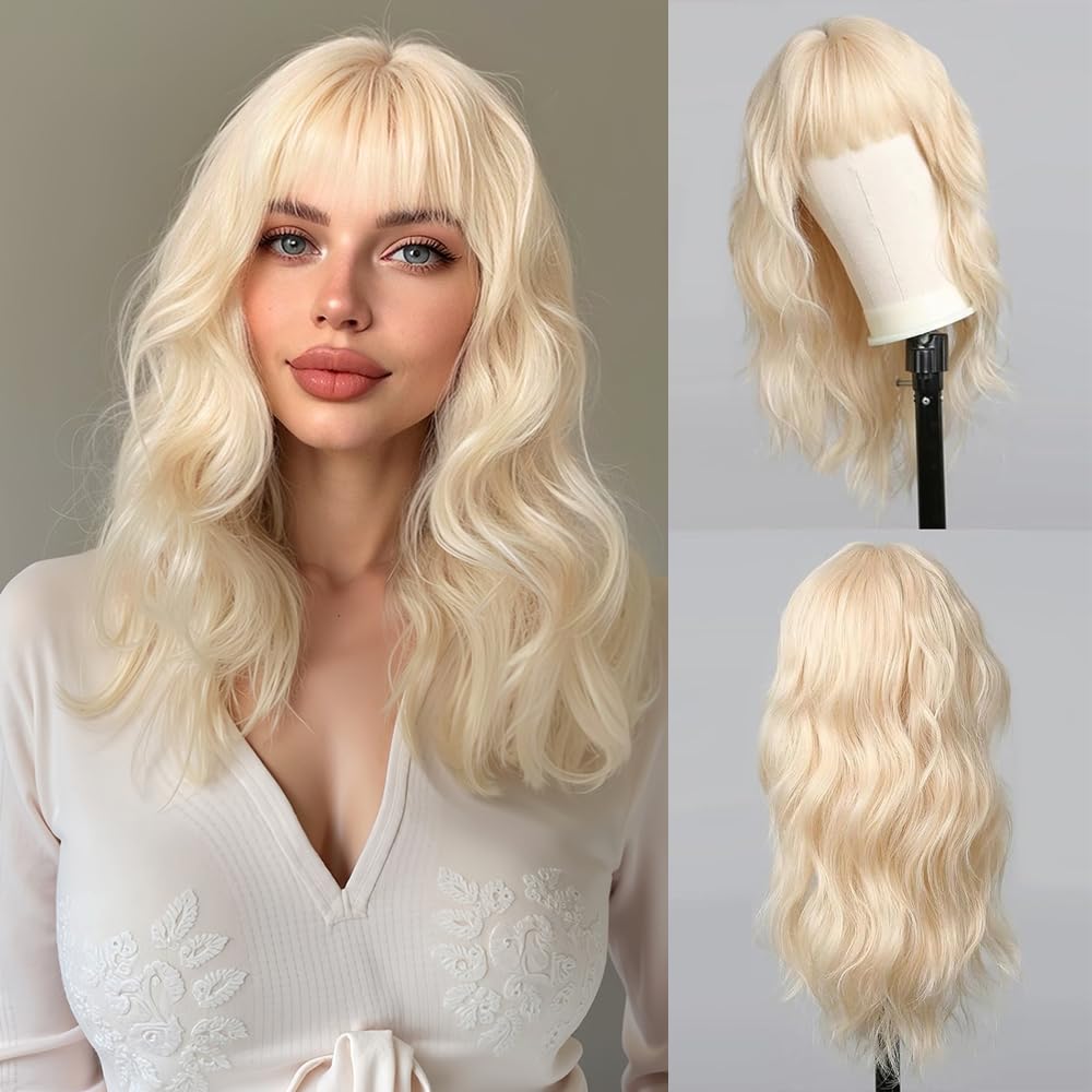 Esmee Long Wavy Pale Blonde Wig for Women Natural Synthetic Hair Heat Resistant Wigs with Fringe — image 1
