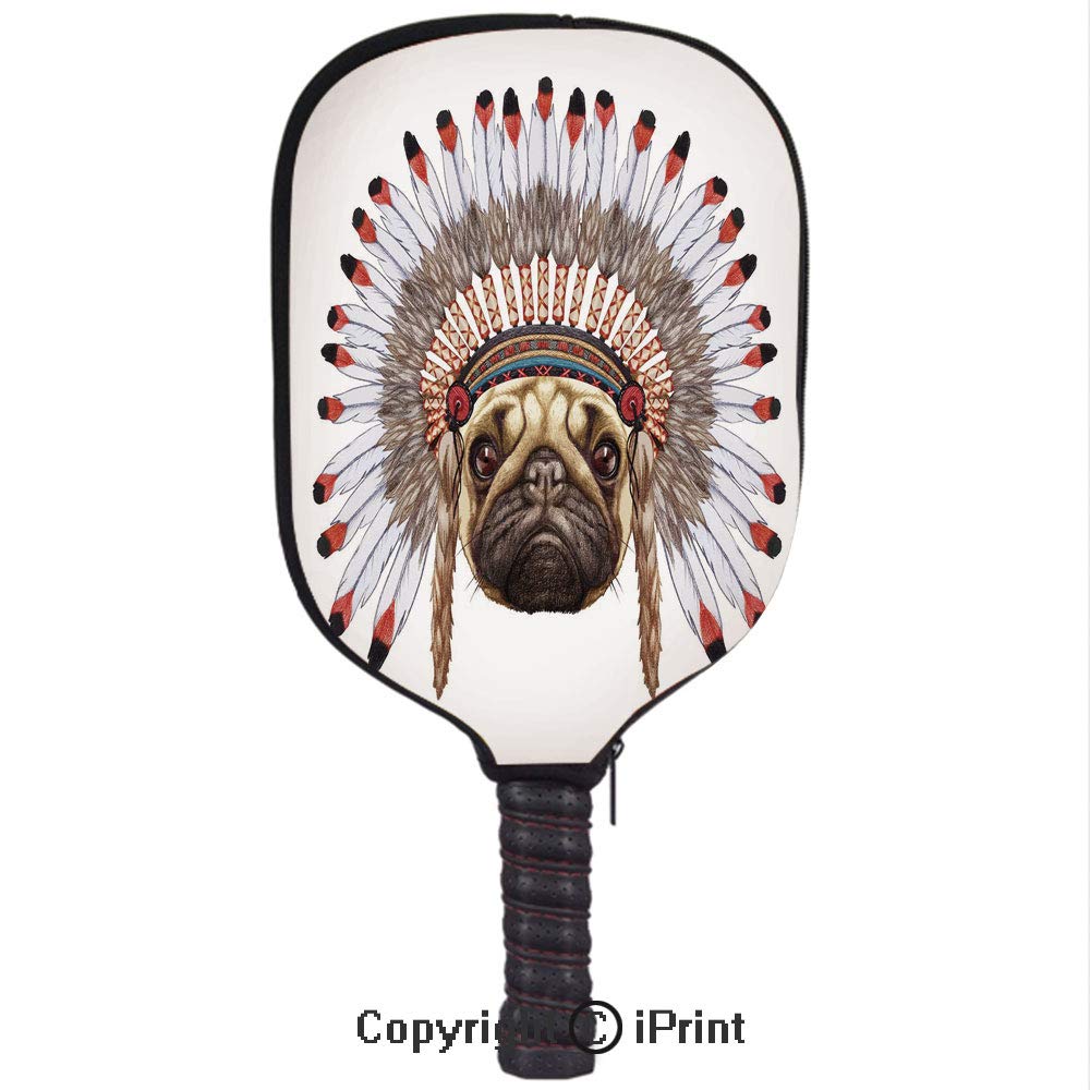 Amazon.com : Neoprene Premium Pickleball Paddle Racket Cover Case, Portrait of a Dog as a Native with War Bonnet Hand Drawn Illustration of Fun Animals ...