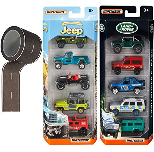 Matchbox Land Rover + Jeep Anniversary Edition 5-Pack Exclusive Off-Road Adventure 10 car set / Freelander / Police Discovery / Defender / SVX / Willys / Wrangler / Superlift / 4x4 + Road Tape