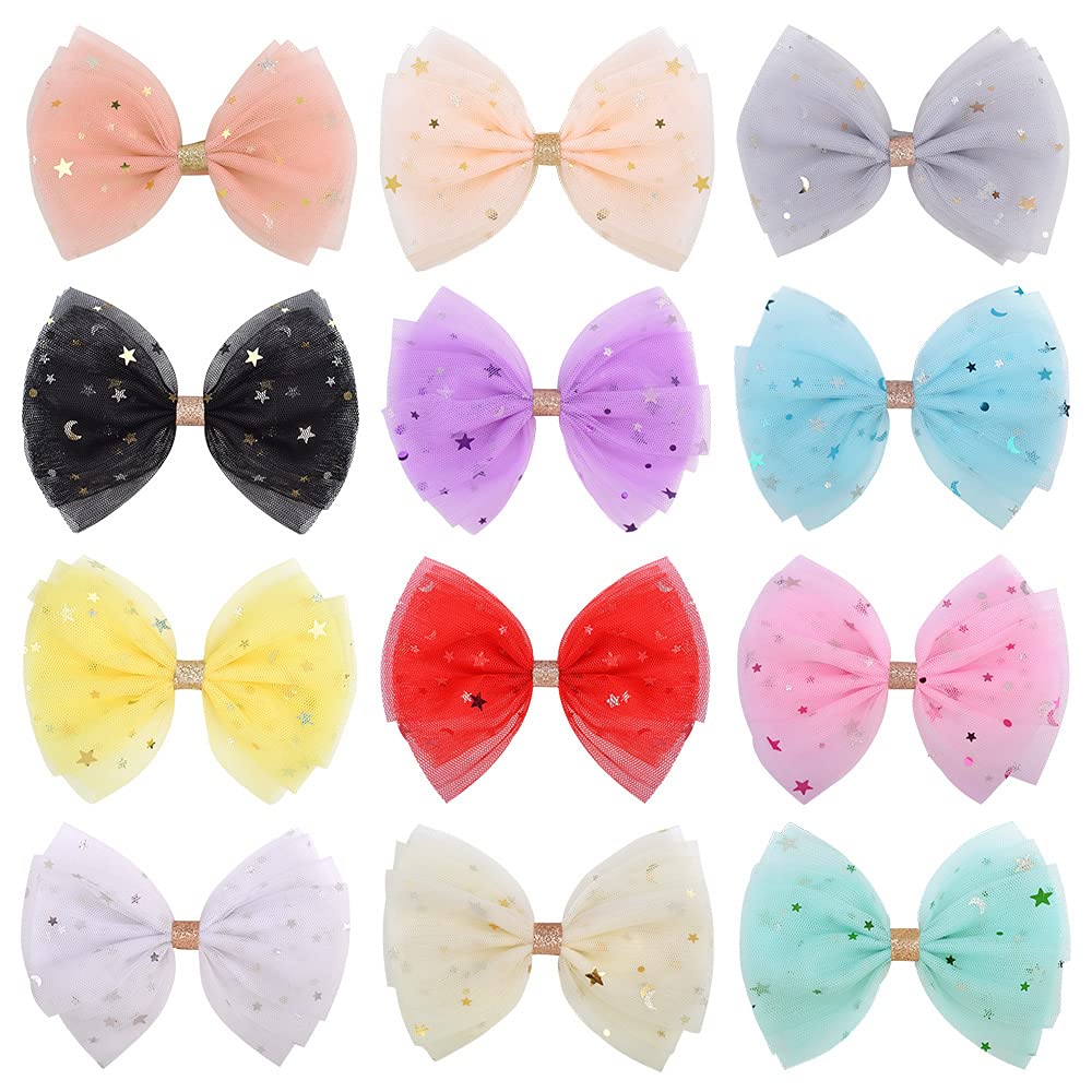 Photo 1 of inSowni 12 Pack Tulle Bow with Glitter Star Alligator Hair Clips Barrettes Accessories for Baby Girls Toddlers Kids Children Teens Medium