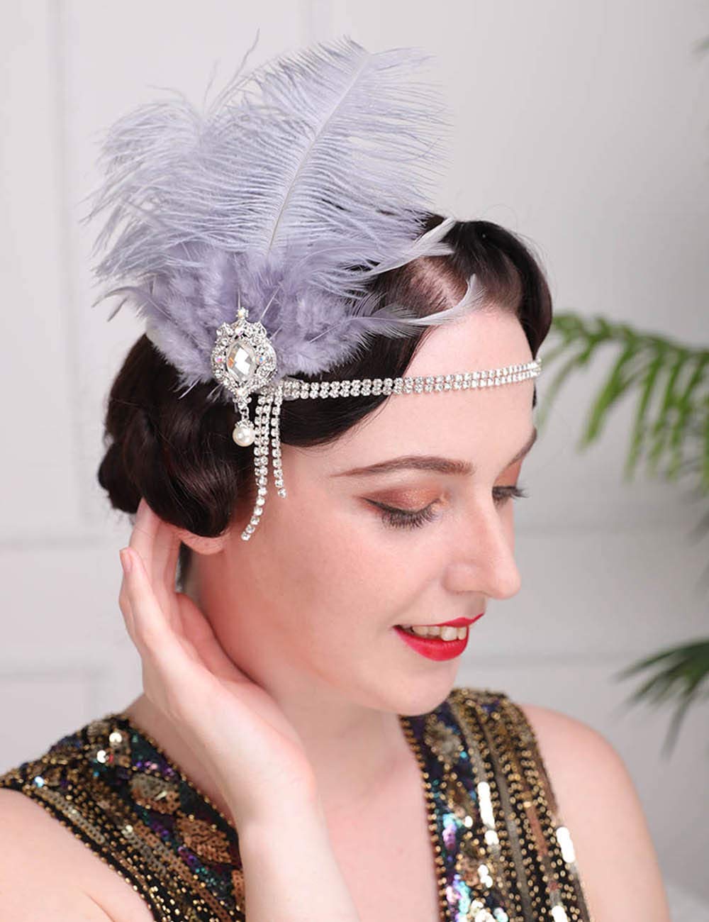 Anglacesmade 1920s Flapper Feather Headband Gray Crystal Head Chain Great Gatsby Headpiece Vintage Roaring 20s Hair Accessories for Women and Girls
