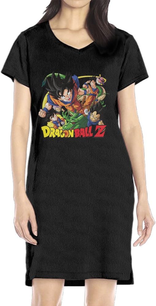 Women's Dragon Ball Z V-neck Short Sleeve Loose T-Shirt Dress Black L