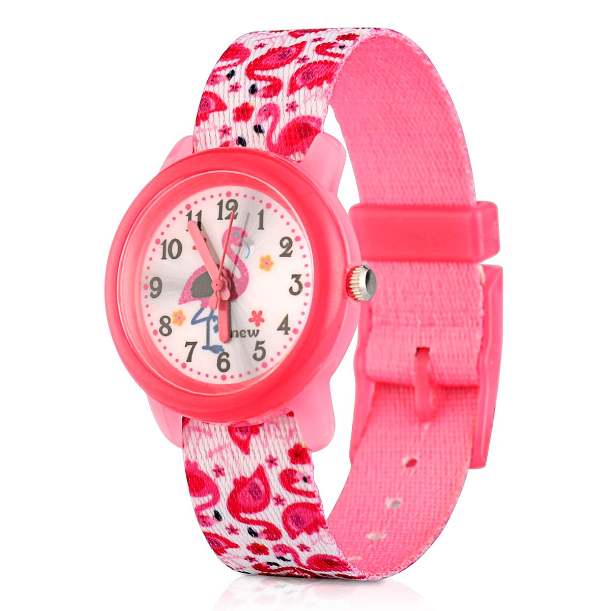 ele ELEOPTION Unisex Kids Digital Quartz Waterproof Cute Cartoon Round Dial Washable Elastic Wrist Watch with Nylon Strap, Flamingos, Pink Band