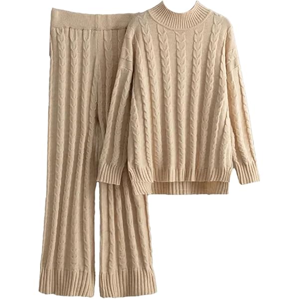 HGps8w Women's 2 Piece Outfits Cable Knit Chunky Sweater Set Long