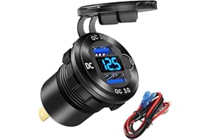 HAPYTRIP 12V/24V USB Outlet Quick Charge 3.0 Dual Port Car Charger Socket with Blue Voltmeter, Waterproof Aluminum Cigarette Lighter USB Charger DIY Kit for Car Marine Motorcycle RV Boat Golf Cart, etc.