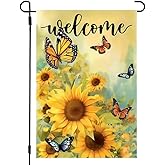 Spring Summer Garden Flag 12x18 Double Sided, Burlap Seasonal Farmhouse Butterfly Sunflower Welcome Garden Flags Summer Outdoor Decorations, Small Decorative Yard Lawn Porch Flags for Outside Decor