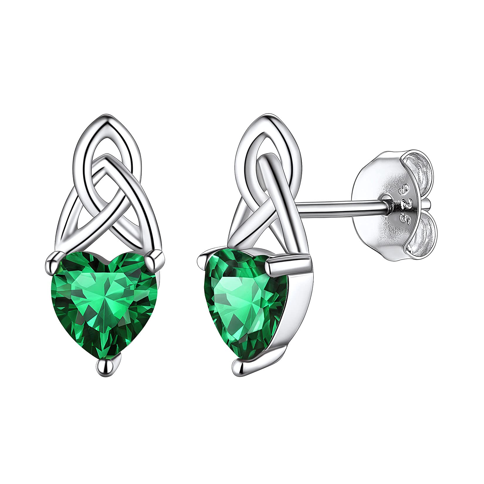 925 Sterling Silver Dainty Cute Hypoallergenic Comfy Triquetra Celtic Knot Heart Shaped Simulated Green Emerald Garnet May Birthstone Stud Earrings Irish Jewelry for Women Teens
