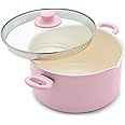 GreenLife 6QT Ceramic Nonstick Stockpot with Glass Straining Lid, PFAS & PFOA-Free, Dishwasher Safe, Stay-Cool Handles, Oven Safe to 350°F, Wobble-Free Base, Even Heating, Pink