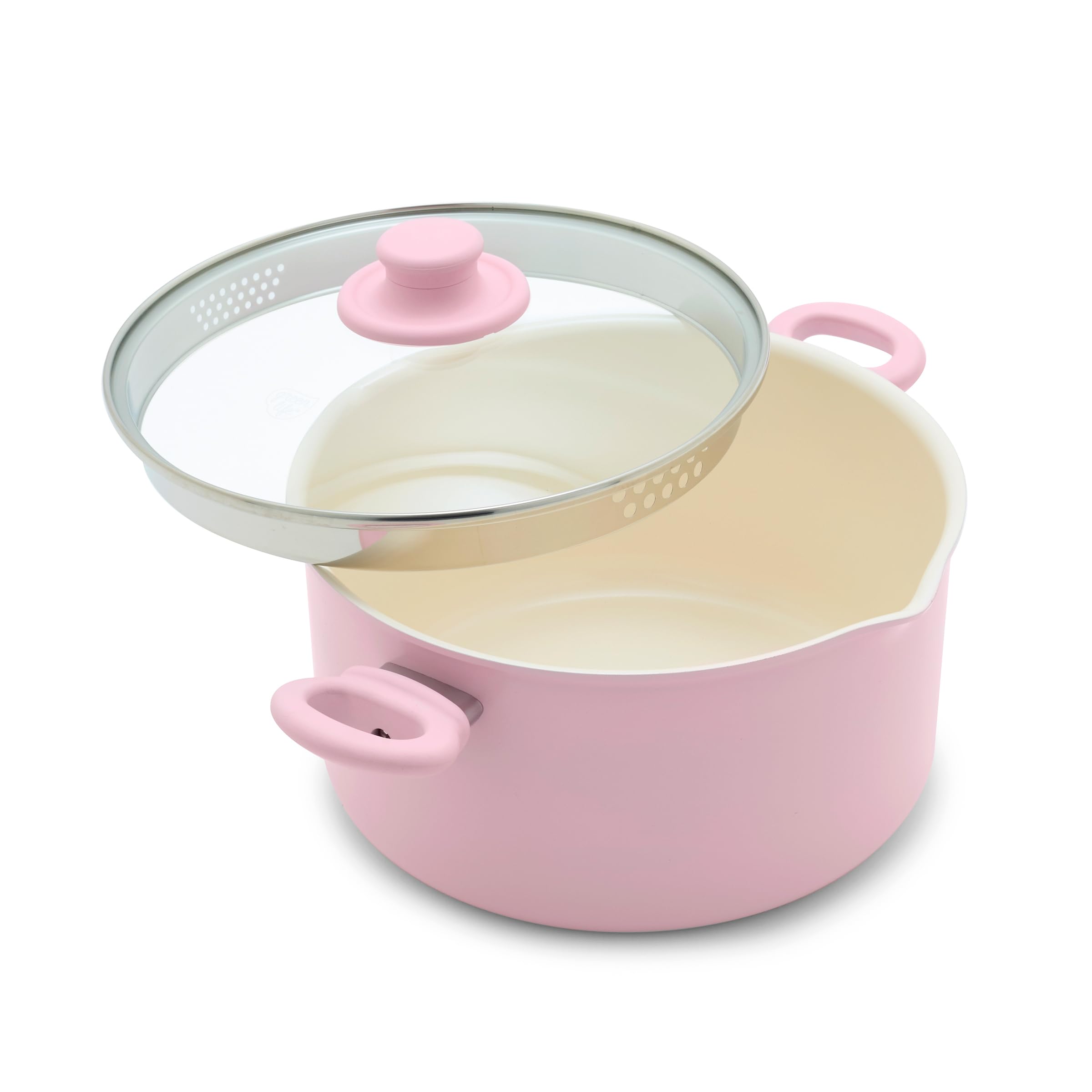 GreenLife 6QT Ceramic Nonstick Stockpot with Glass Straining Lid, PFAS-Free, Dishwasher Safe, Stay-Cool Handles, Oven Safe to 350°F, Wobble-Free Base, Even Heating, Pink Image