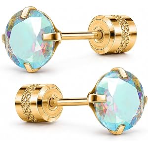 Silver Four Claw Titanium Steel Earrings, Suitable For Both Men And Women, Set With Colorful Circular Cubic Zirconia, Lightwe