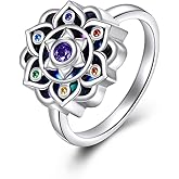 URONE Lotus Ring 925 Sterling Silver Mandala Chakra Ring Lotus Yoga Jewelry Gifts for Women