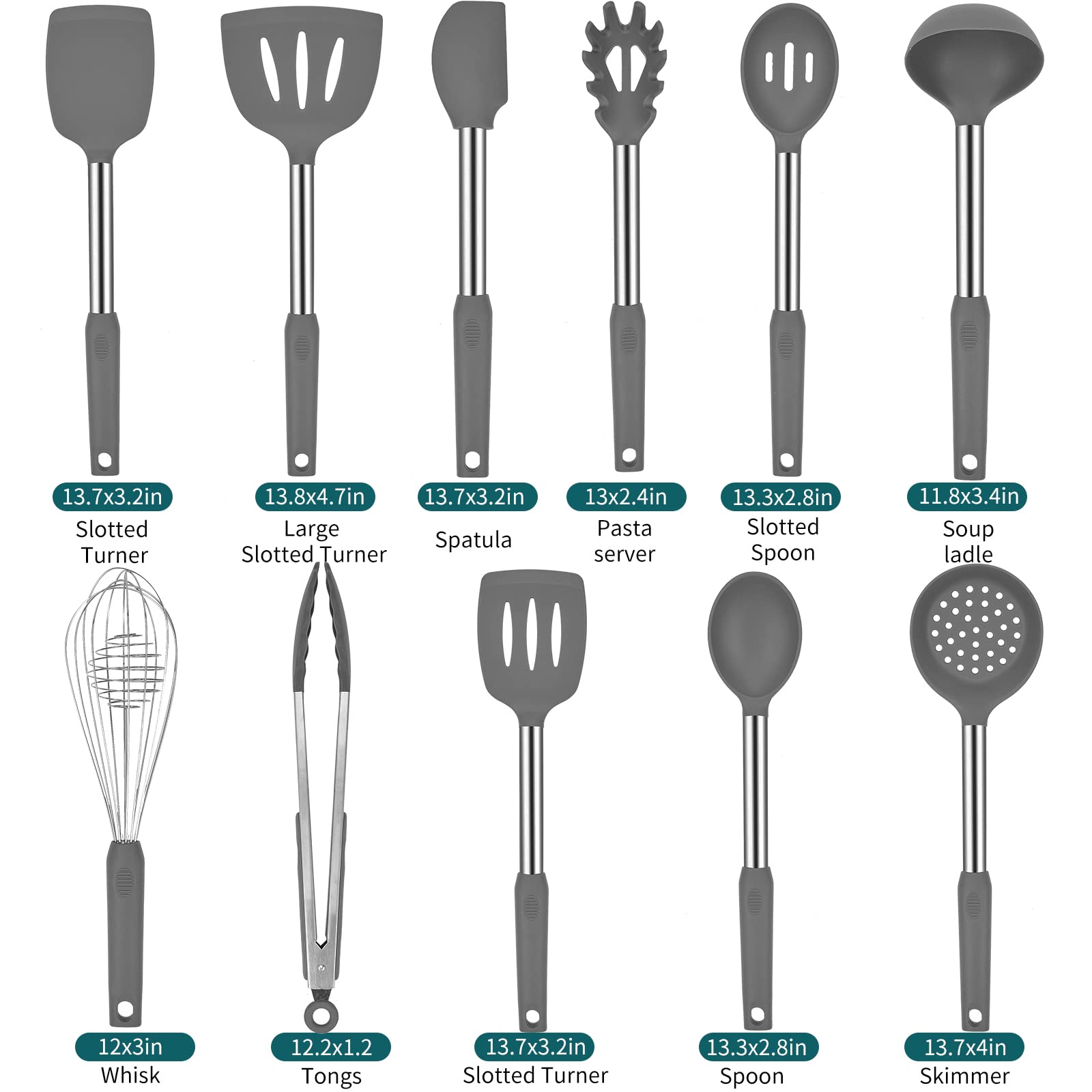 Silicone Kitchen Cooking Utensils Set with Stainless Steel Handle, Spatula Set Utensil Set, Cooking Utensil Set,Kitchen Tools Gadgets for Nonstick Cookware (11, Gray)