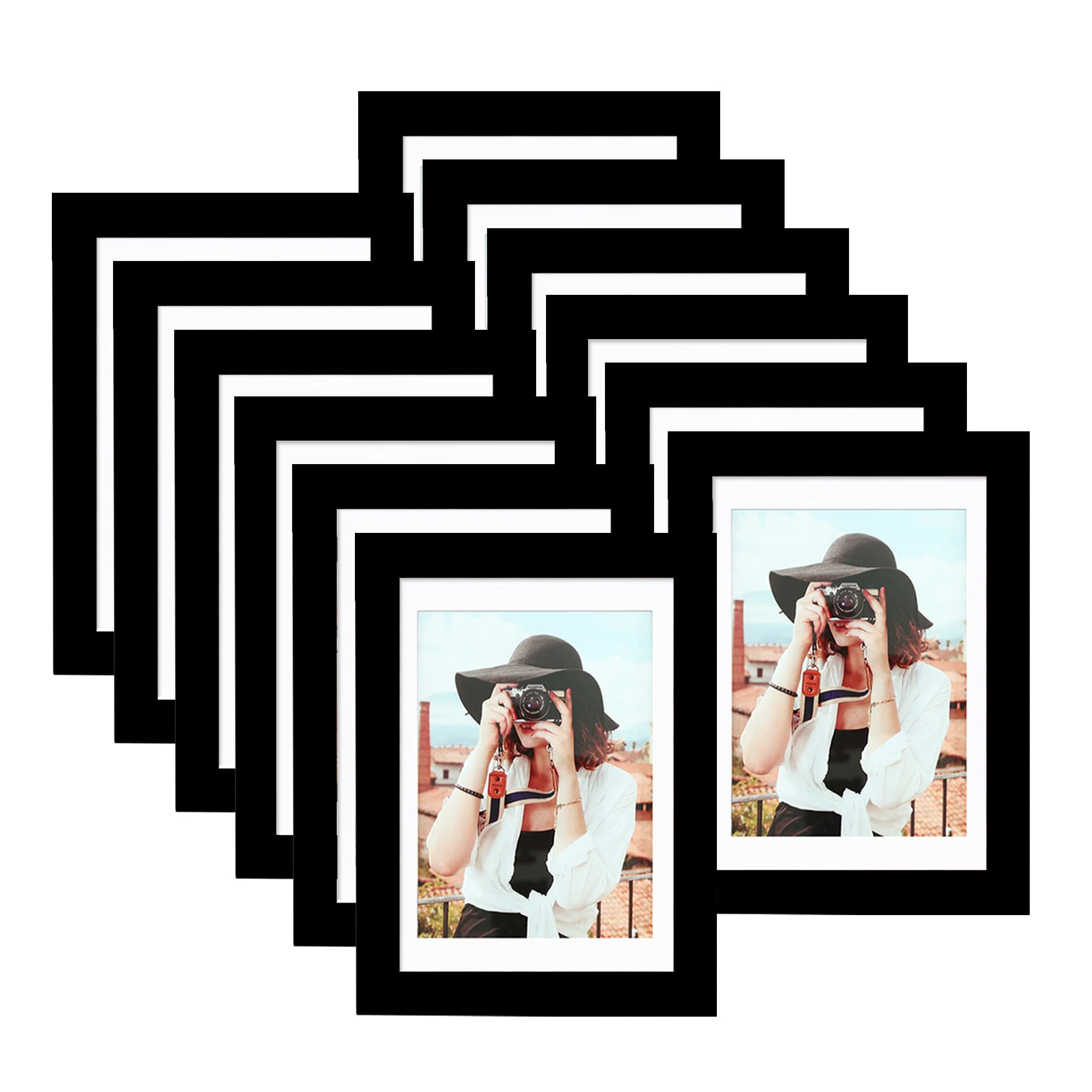 Photo 1 of Picrit 5x7 Picture Frame for Wall Mounting or Table Top Display, Set of 12, Display 4x6 with Mat or 5x7 Without Mat, Black.