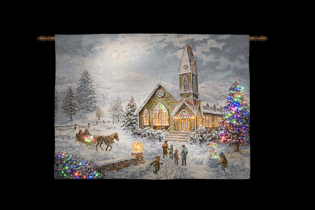 Fibre Optic Wall Hanging Christmas Tapestry Church with Worshippers