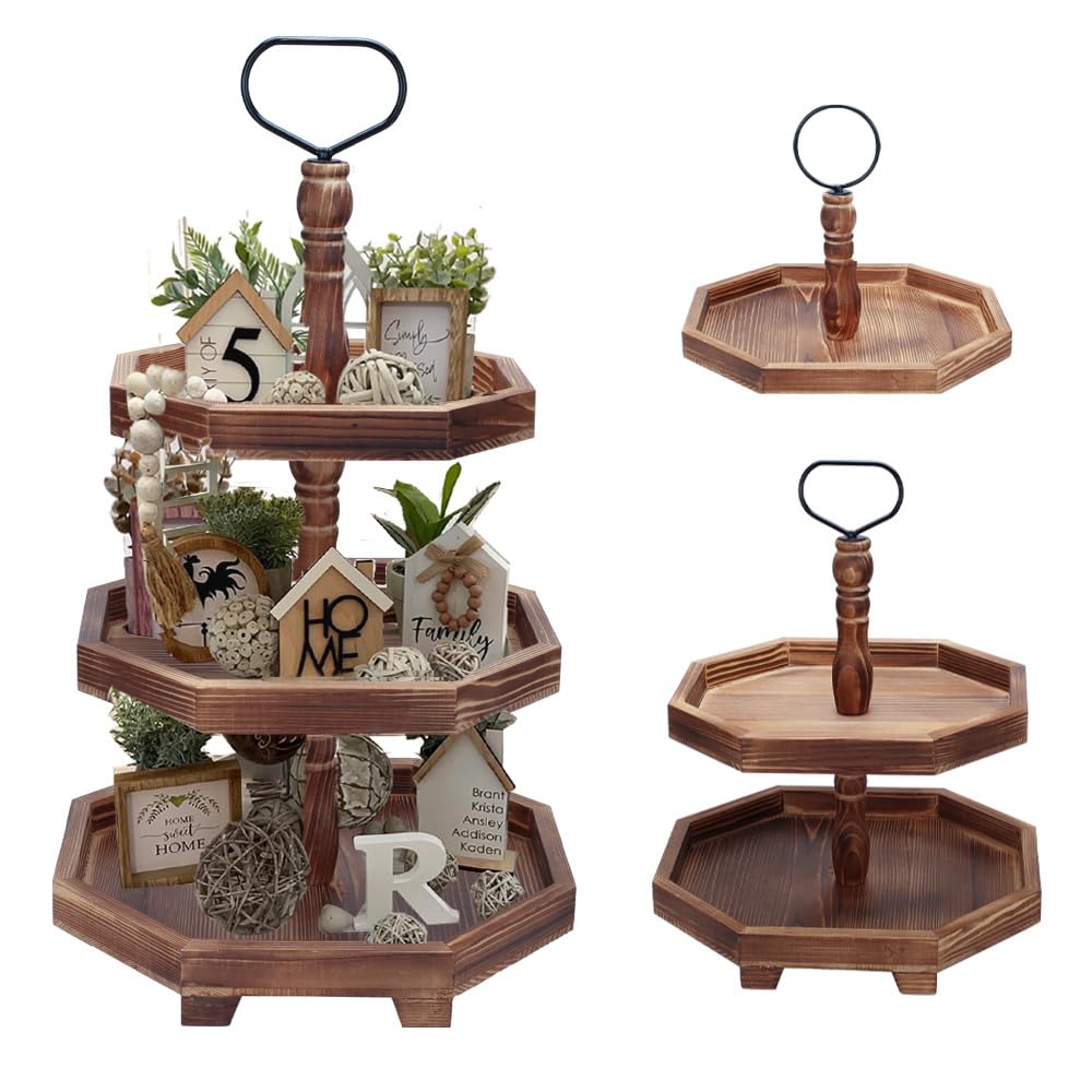 Photo 1 of MRPAPA Tiered Tray Stand Wood Tier Serving Tray, Three Decorative Trays, Wooden Cupcake Stand 3 Tiered Farmhouse Trays for Home Decor(L 13.8” W 12.5” H 21.8”)