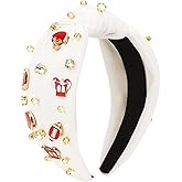 Brimekichio Football Headband White Top Knot Beaded Jeweled Cute Headbands Football Mom Accessories Essentials White
