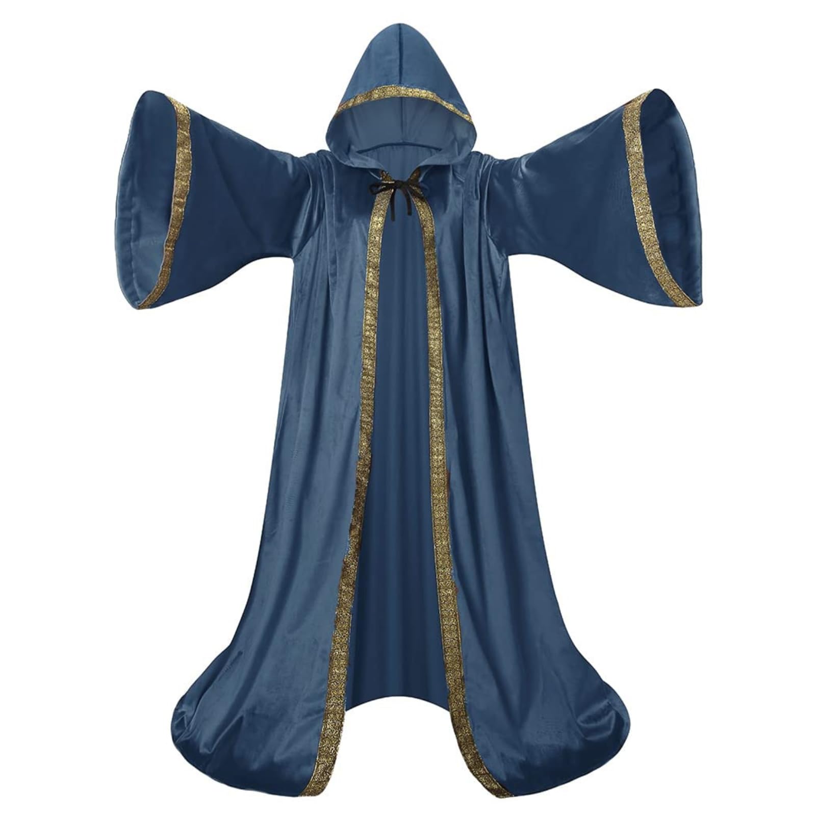 Mystic Adult Wizard Robe with Dutch Velvet，Medieval Knight Hooded Cloak, Flare Sleeve Style Wizard Outfit of the Renaissance Period for Halloween, Masquerade and St. Patrick's Day(Blue-170cm)