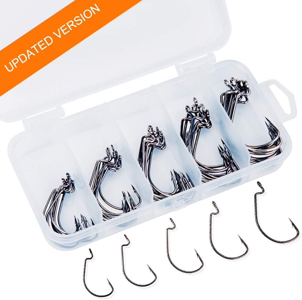 FISHFUNN Premium Fishing Hooks, 50PCS Special Barb Fishhooks with High Carbon Steel, 10Pcs Fishing Lures Bait Worm with Plastic Box, for Freshwater/Seawater (5 Sizes:# 2, 1,1/0, 2/0, 3/0)