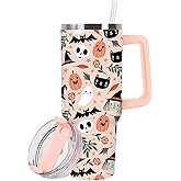 JarThenaAMCS 40oz Halloween Tumbler with Handle Straw and Lid Spooky Skull Ghost Pumpkin Travel Tumbler Coffee Cup for Holiday Party Home Office
